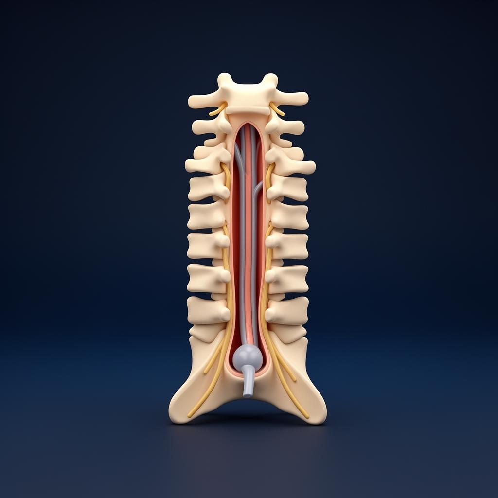 Ilustração 3D do canal vertebral com estreitamento evidenciado, mostrando a compressão da medula espinhal e raízes nervosas, com fundo azul-marinho profundo e iluminação volumétrica.