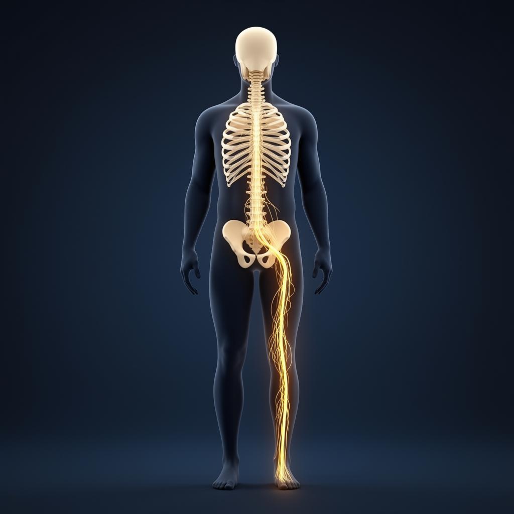 Ilustração 3D do trajeto do nervo ciático desde a coluna lombar até a perna, mostrando a compressão nervosa e inflamação, com fundo azul-marinho profundo e iluminação volumétrica.