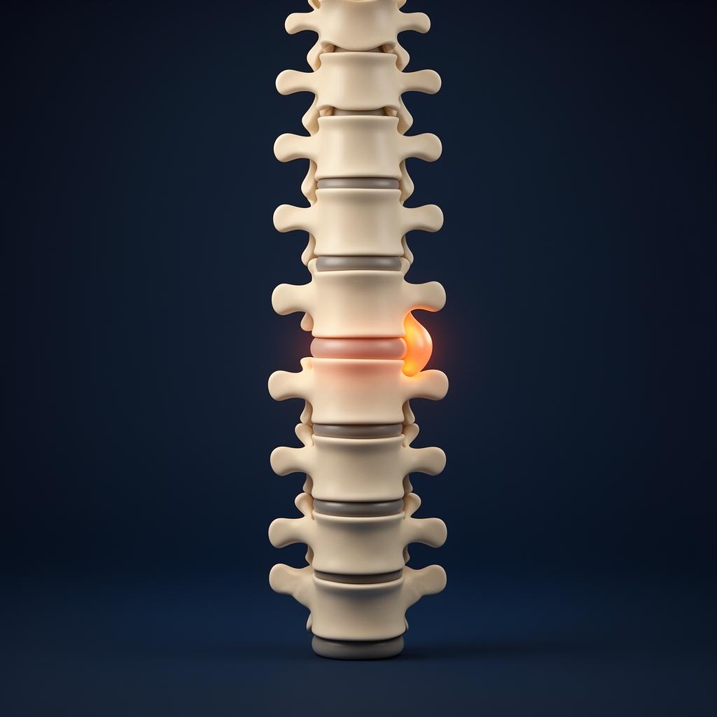 Ilustração 3D da coluna lombar evidenciando a protrusão do disco intervertebral e a compressão das raízes nervosas, com fundo azul-marinho profundo e iluminação volumétrica.