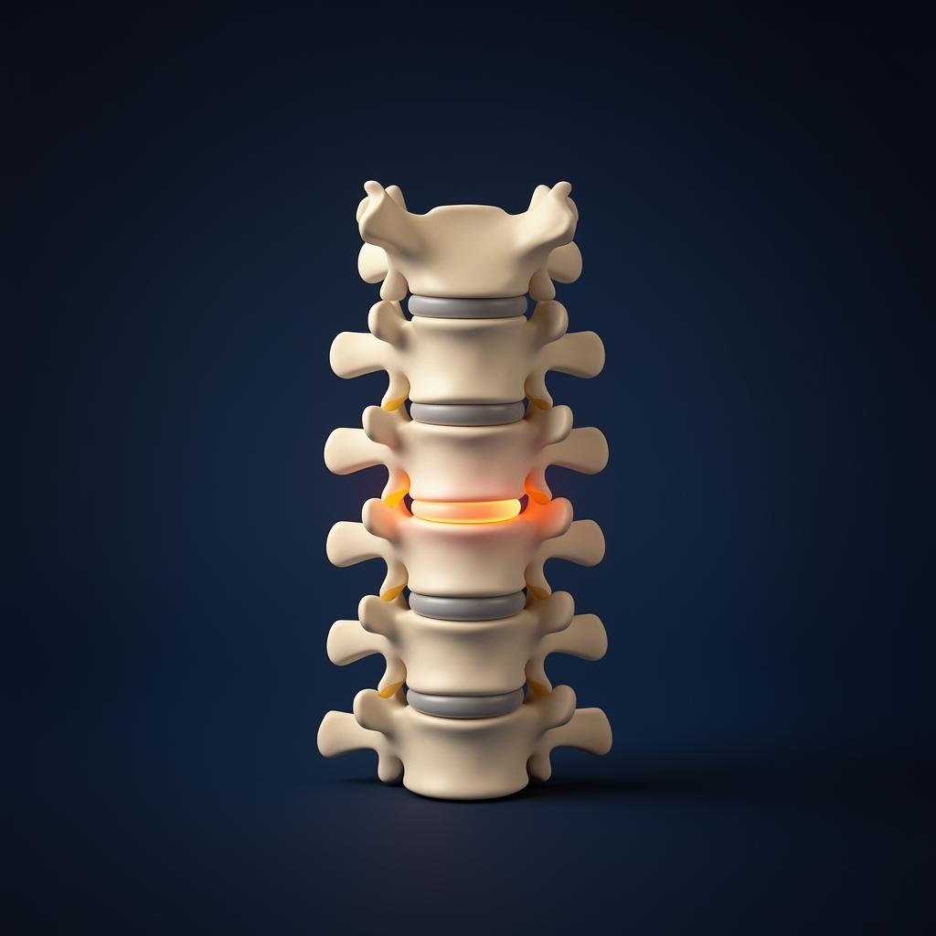 Ilustração 3D da coluna cervical mostrando a hérnia de disco comprimindo as raízes nervosas, com fundo azul-marinho profundo e iluminação volumétrica.